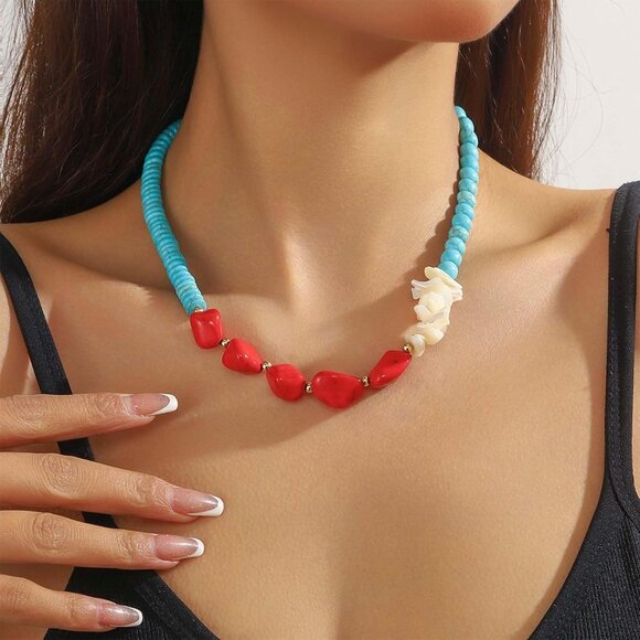 Turquoise Bead Necklace Women Adjustable Bohemian Shell Jewelry - Picture 7 of 7